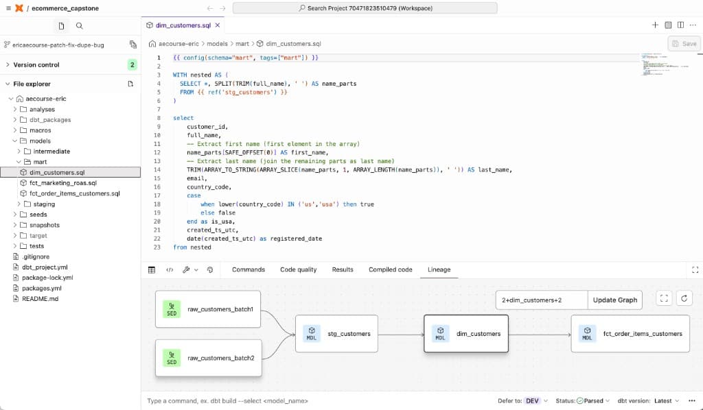 dbt Cloud Studio with dim_customers.sql open and the lineage DAG visible