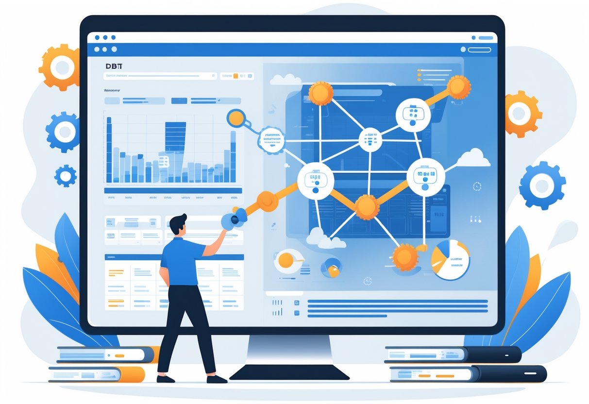 A data engineer interacting with a large digital screen showing interconnected data nodes and pipelines representing data transformation and workflow.