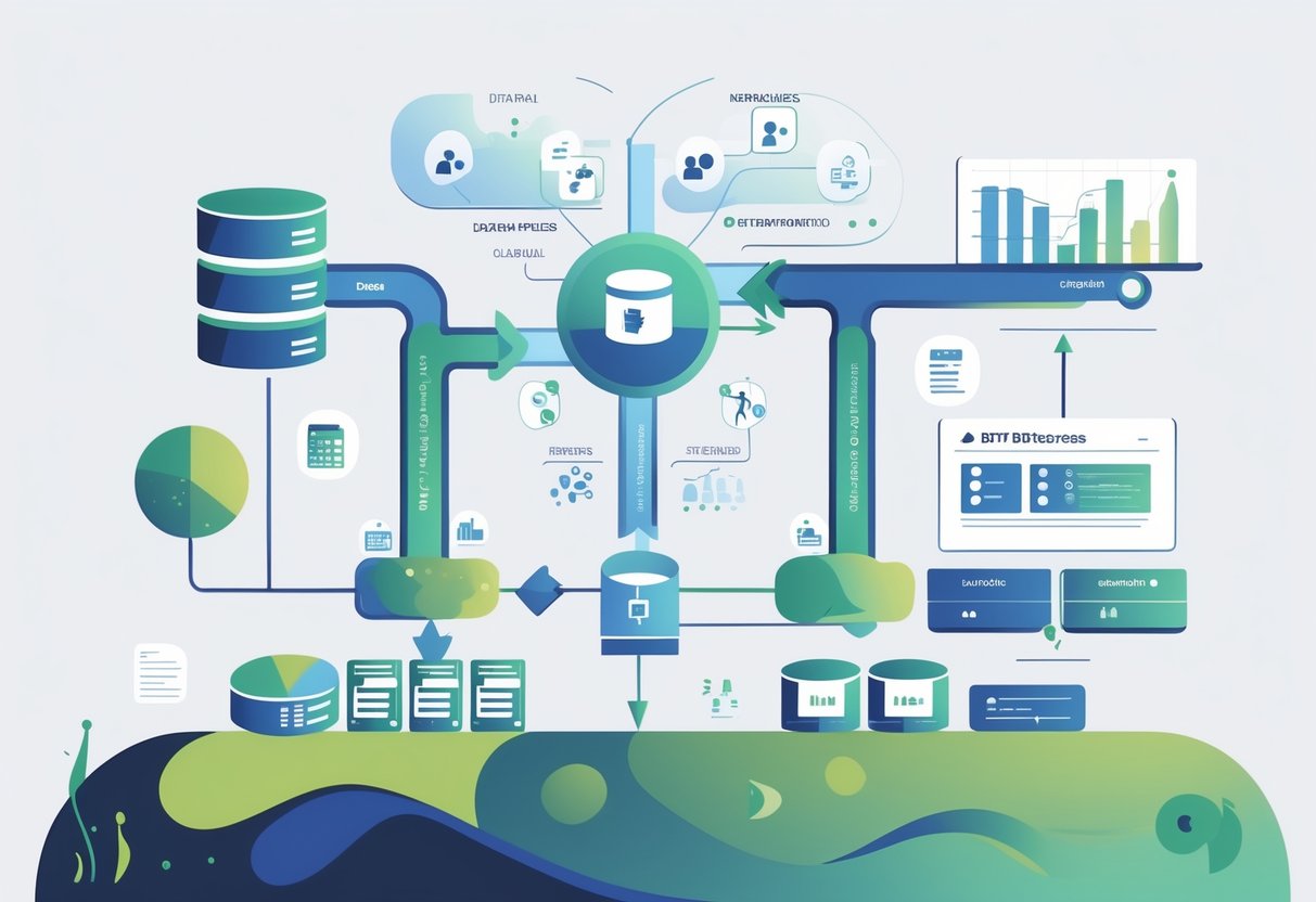 Illustration showing a data pipeline with raw data entering a central transformation hub and producing organized data outputs like charts and reports.