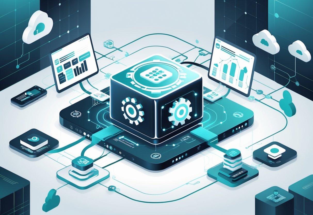 An illustration showing a data transformation engine connected to data sources, pipelines, and analytics tools within a digital data ecosystem.
