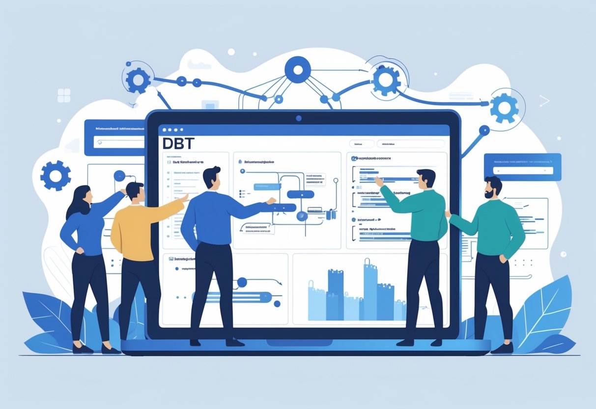 A group of professionals collaborating around a laptop showing data flow diagrams and charts, representing data transformation and teamwork.