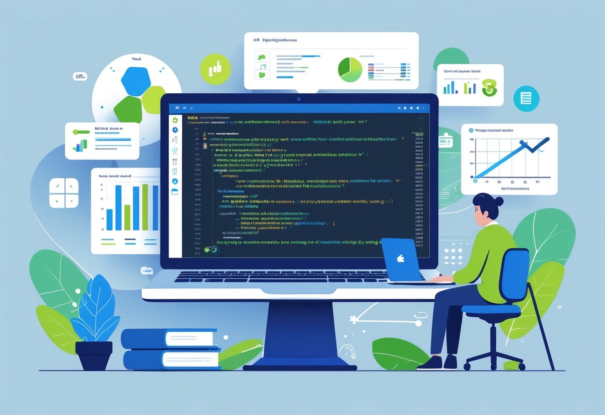 A person working at a desk with a laptop showing Python code and surrounded by charts and data symbols representing analytics engineering.