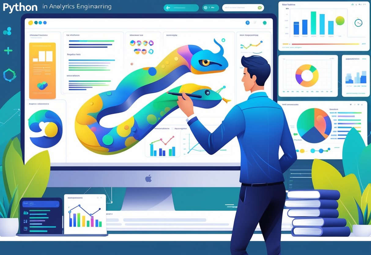 A professional working at a computer surrounded by data visualizations and coding elements representing Python in analytics engineering.