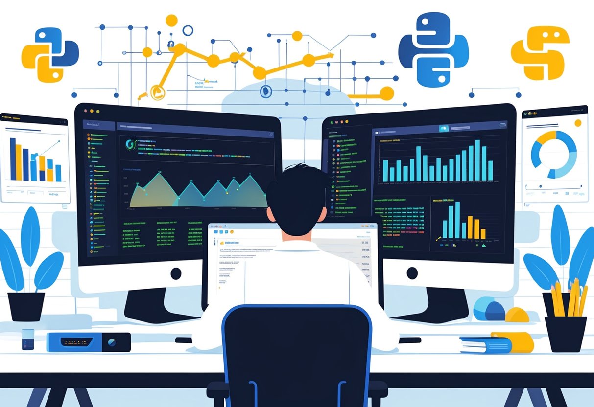 A person working at a desk with two monitors showing data charts and Python code, surrounded by visual representations of data flow and analytics.