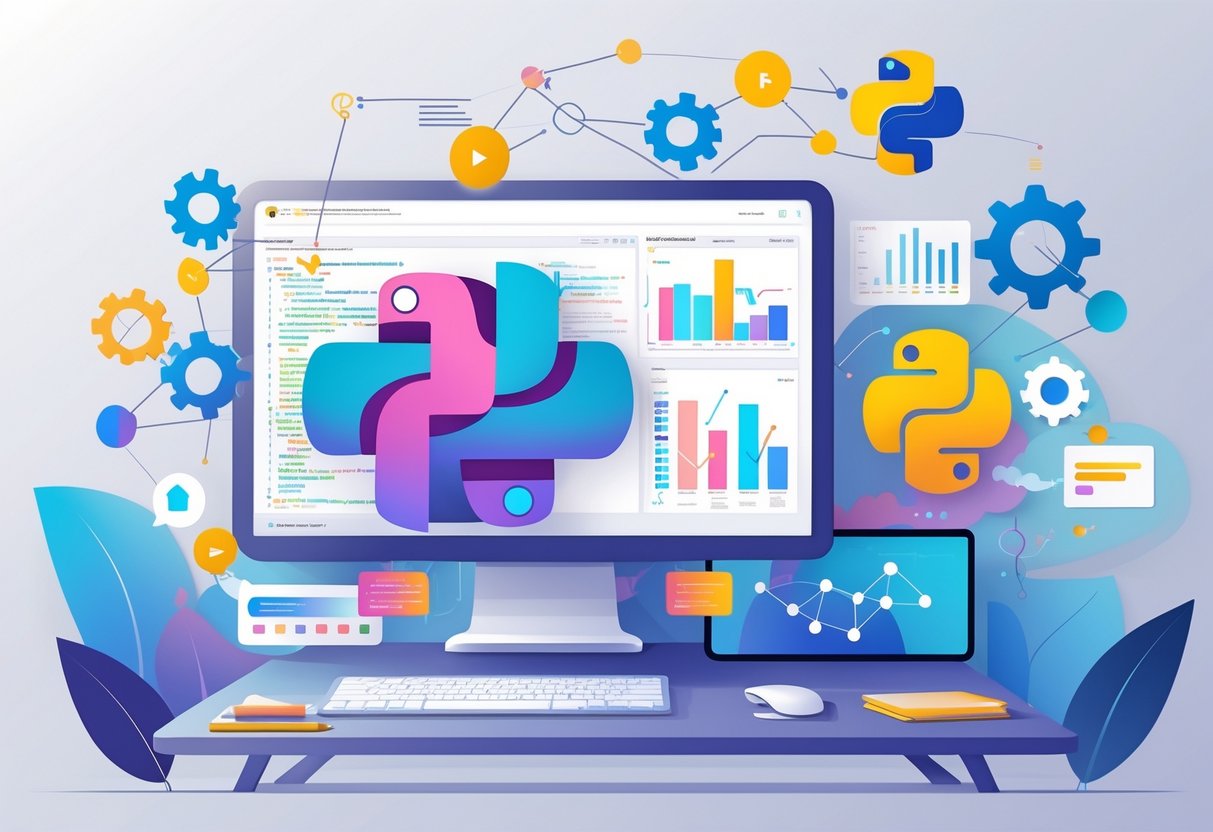 A workspace with a computer screen showing abstract Python code, data flow diagrams, and analytics charts surrounded by symbols representing data engineering and analytics.