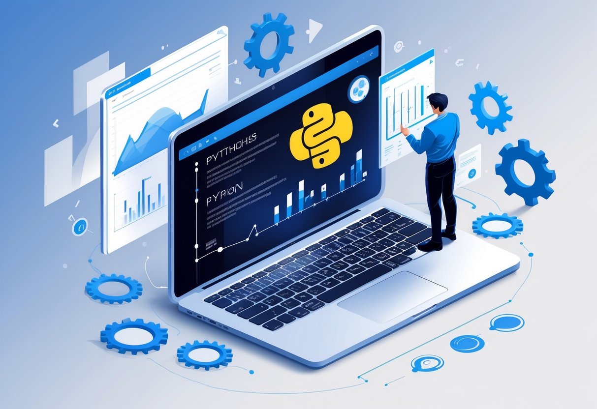 A person working on a laptop showing Python code and data charts, surrounded by symbols representing analytics and engineering.