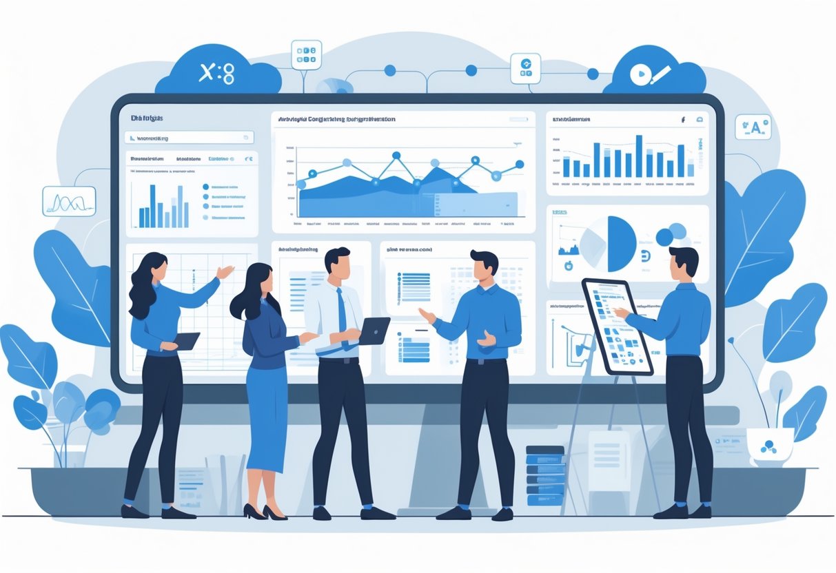 A group of professionals collaborating in an office with digital dashboards and data visualizations, representing different analytics engineering roles.