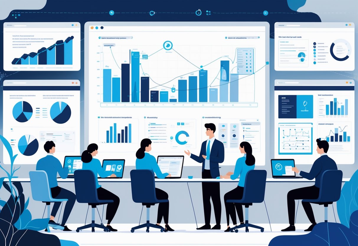 A modern office scene with diverse professionals working together around digital screens showing data charts, pipelines, and dashboards, illustrating different data roles collaborating.