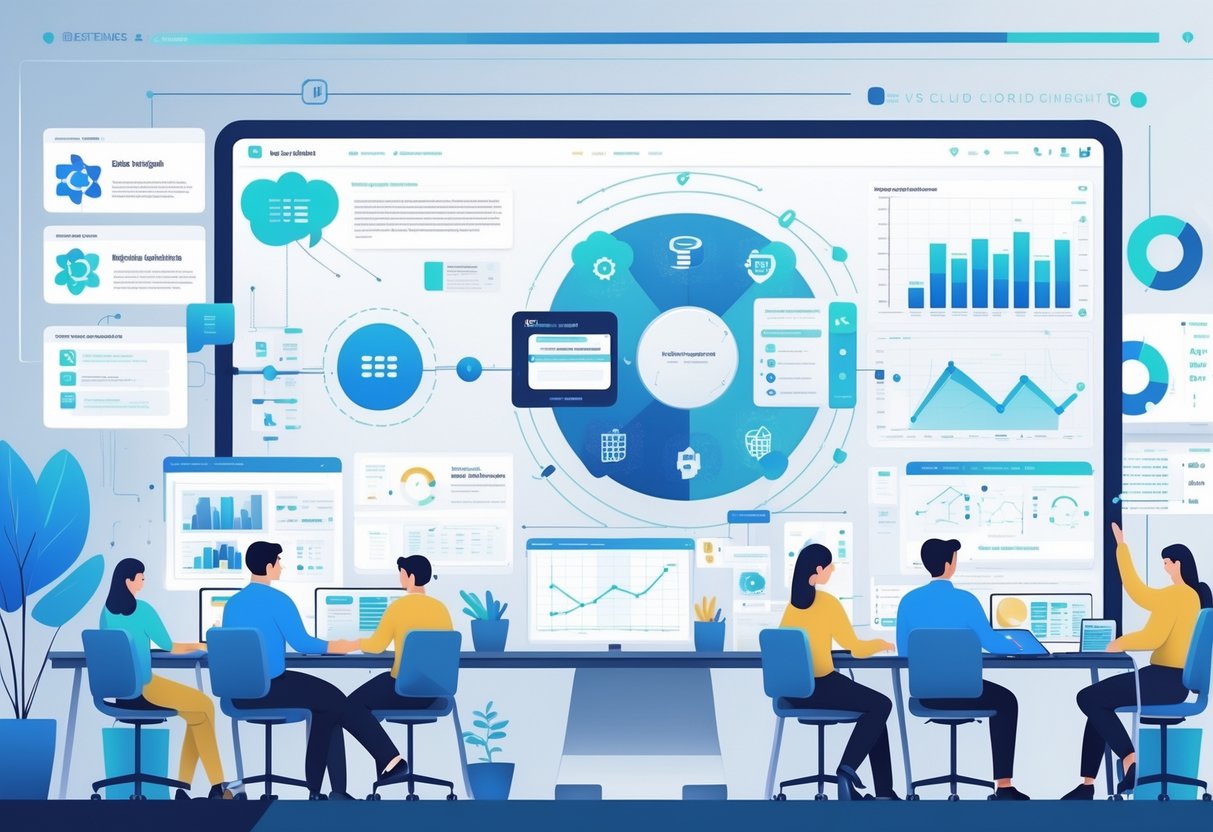 A group of professionals working together in a modern office with digital screens showing data charts, coding, and analytics tools representing different analytics engineering roles.