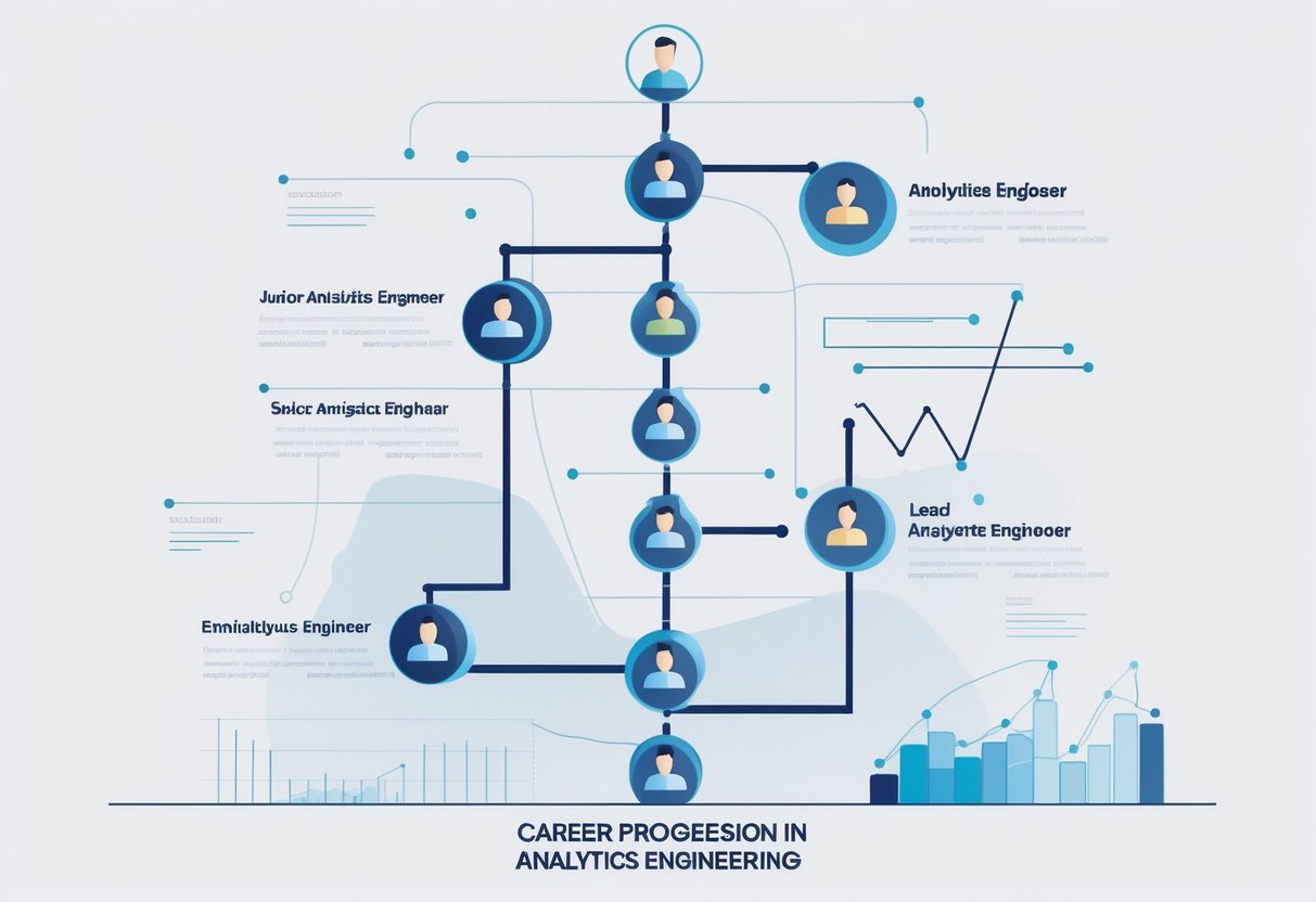 A vertical flowchart showing different job roles in analytics engineering connected by arrows, illustrating career progression from junior to manager positions.