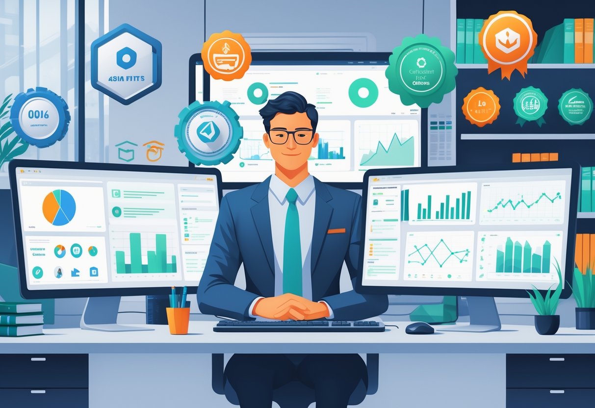 An analytics engineer working at a desk with multiple monitors showing data charts and surrounded by certification badges and books.