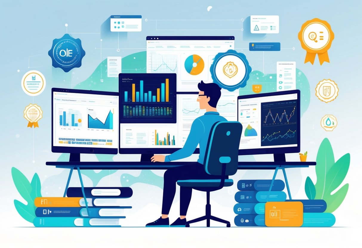 An analytics engineer working at a desk with multiple monitors showing data charts and code, surrounded by icons representing certifications and advanced analytics concepts.