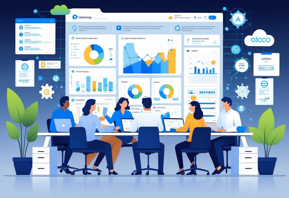 A group of professionals collaborating around a digital dashboard with data charts and icons representing analytics tools in a modern office.