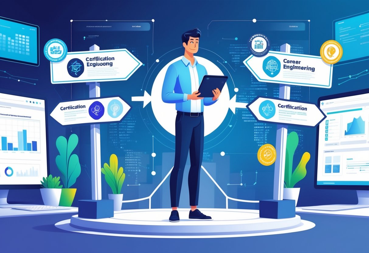 An analytics engineer standing at a crossroads with signposts pointing to different certification paths, holding a tablet with data charts, surrounded by digital badges and analytics symbols in a modern office setting.