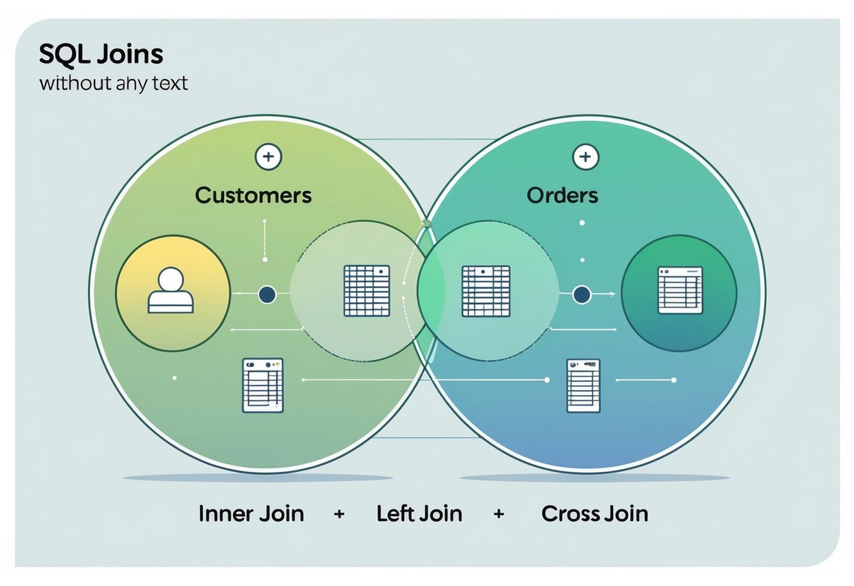 Two overlapping circles representing tables with different colored areas illustrating various SQL join types and their relationships.