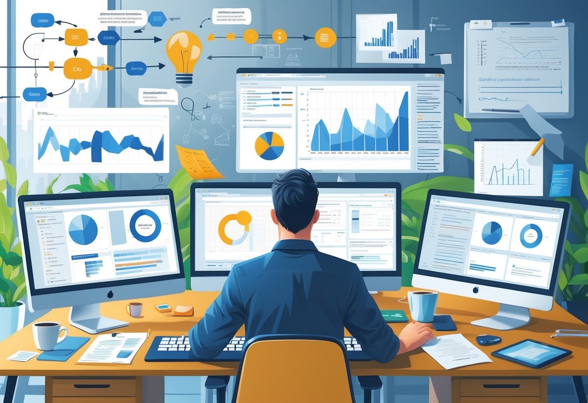 An analytics engineer working at a desk with multiple monitors showing data charts and code, surrounded by diagrams and notes in a modern office.