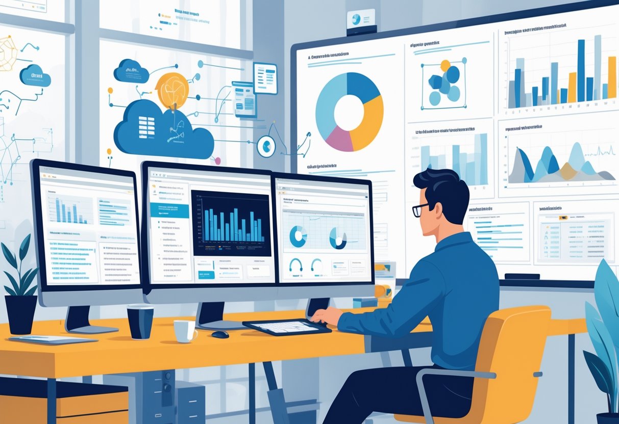 An analytics engineer working at a desk with multiple monitors showing data charts and code, surrounded by visual elements representing data pipelines and analytics workflows.
