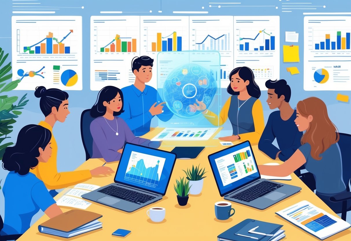 A team of data professionals collaborating around a table with laptops and digital screens showing data and charts in a modern office.