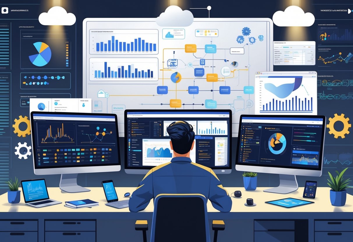 An analytics engineer working at a desk with multiple screens showing data charts and code, surrounded by tools and diagrams representing daily tasks and responsibilities.