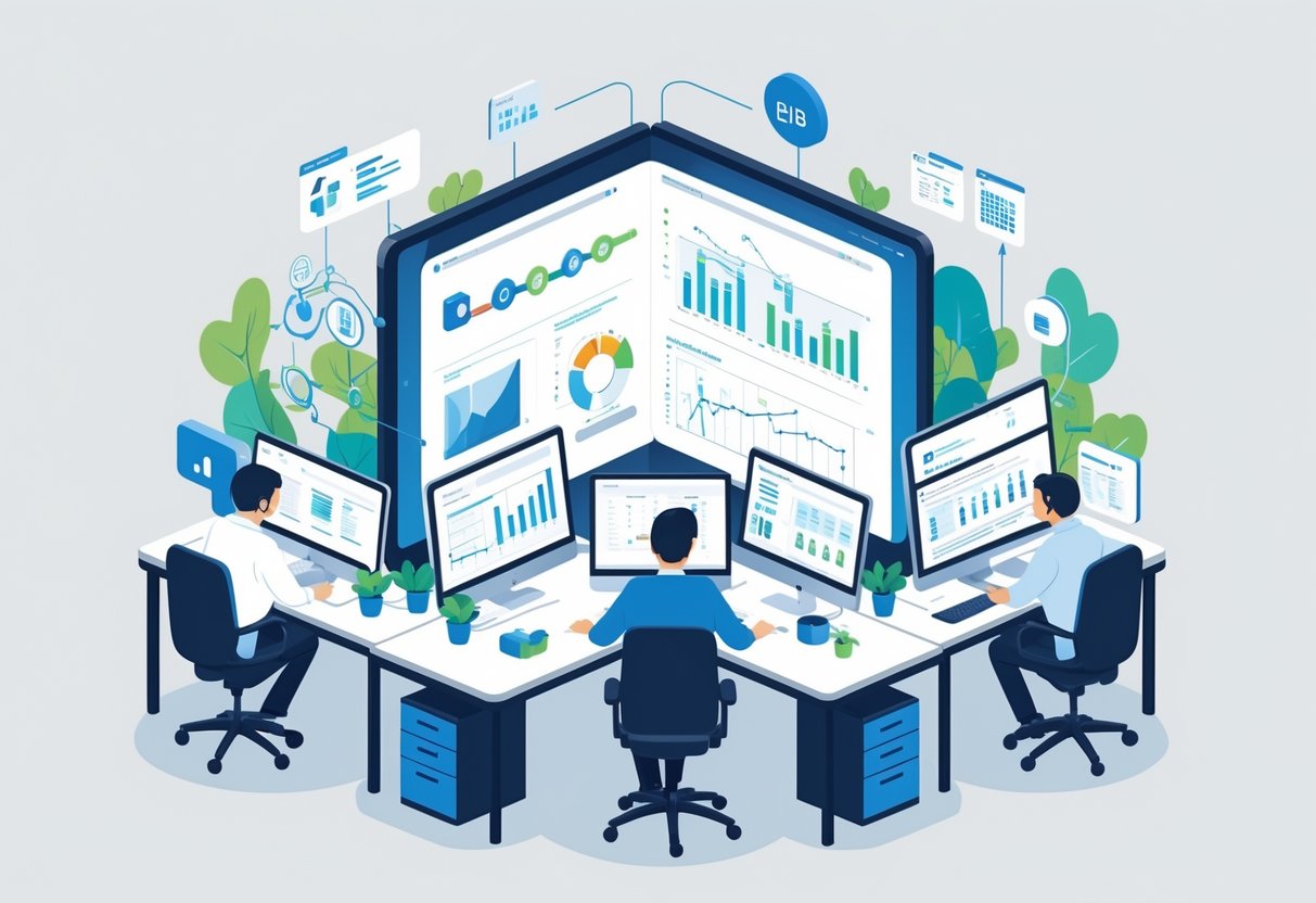 An office scene showing an analytics engineer working at a computer with data pipelines and dashboards, surrounded by other data professionals performing different tasks.
