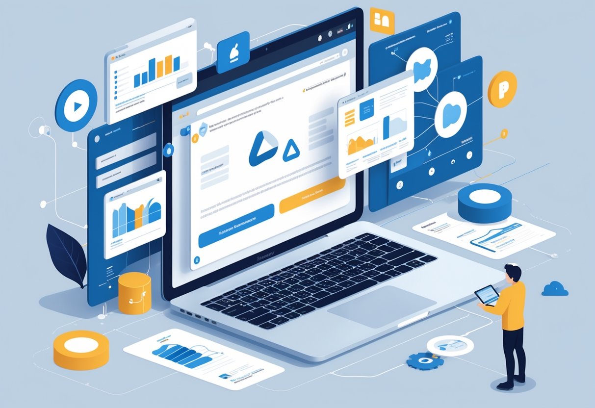 A person working on a laptop setting up a new GitHub repository, surrounded by visual elements representing data projects like charts and code symbols.