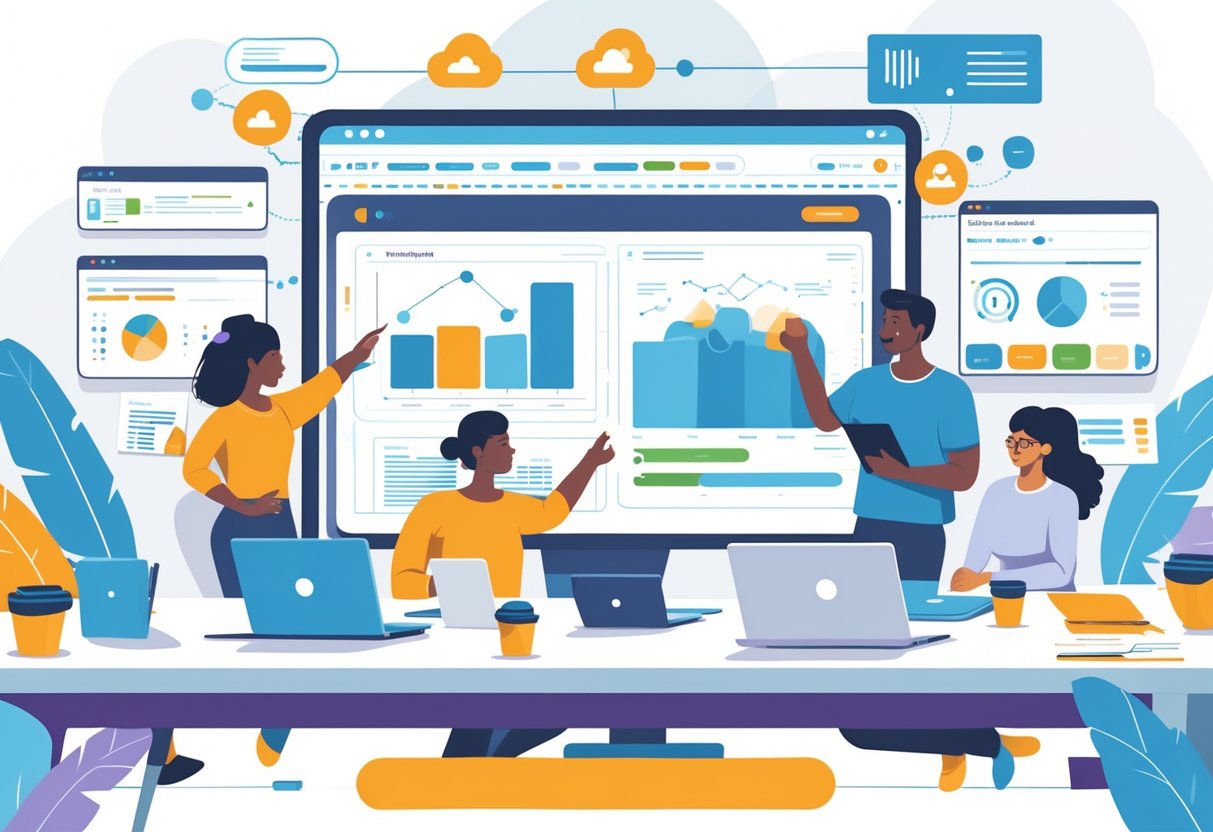 Three people working together around a desk with laptops and a large screen showing data visuals, collaborating on a data project.