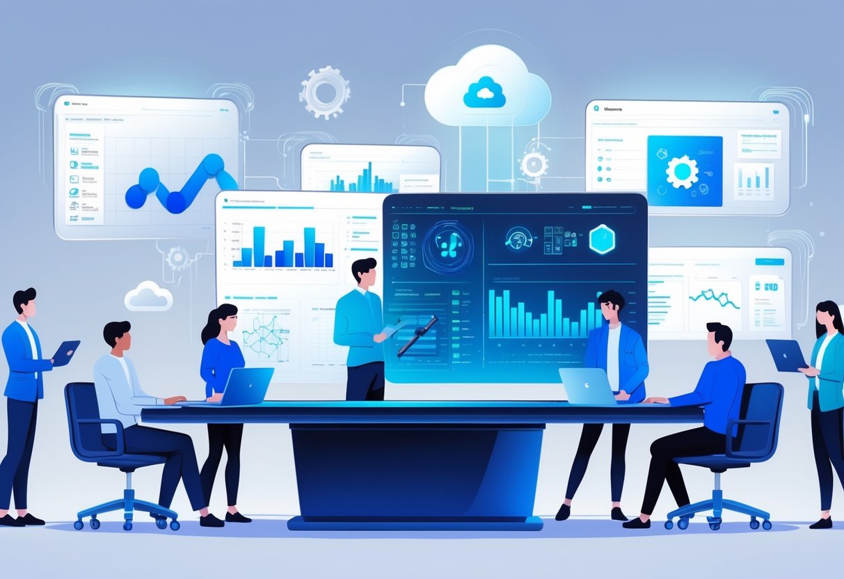 A group of professionals collaborating around a digital table with data visualizations and holographic screens showing AI and analytics symbols in a high-tech workspace.