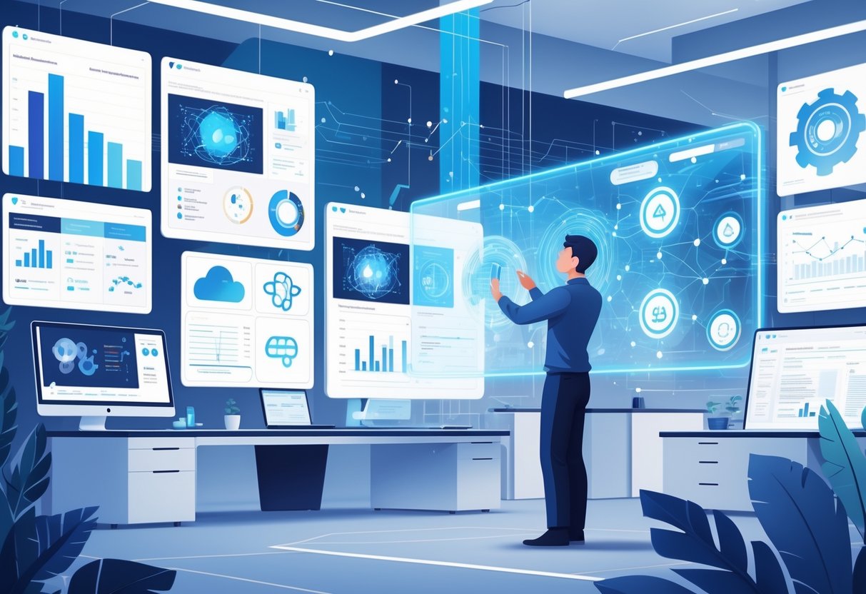 An analytics engineer interacting with holographic AI data visualizations and charts in a modern office setting.