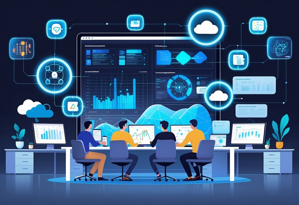 A group of analytics engineers working together around a digital screen showing data visualizations and AI technology icons in a modern workspace.