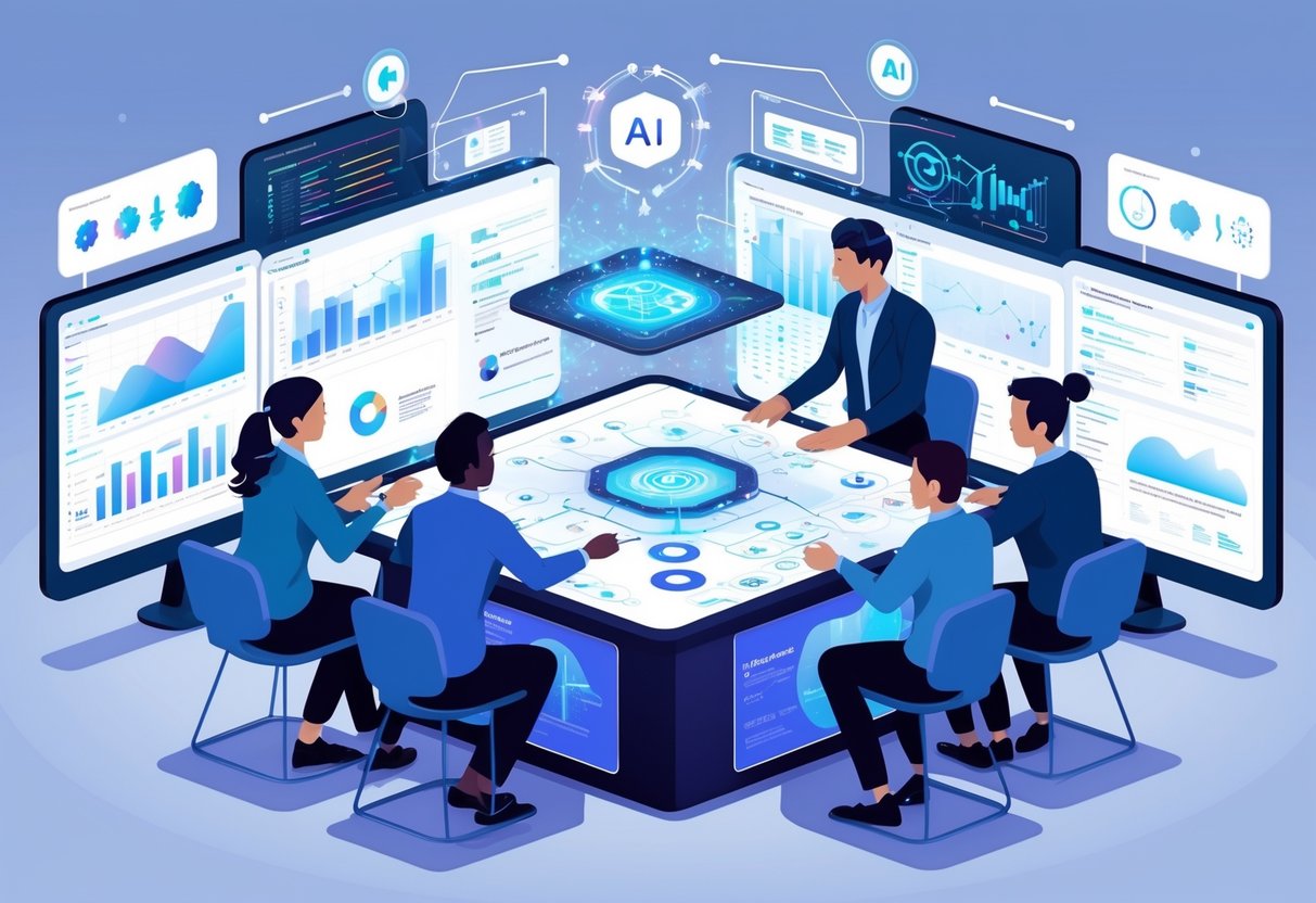 A group of analytics engineers working together around a digital table with data visualizations and AI-related graphics in a high-tech workspace.