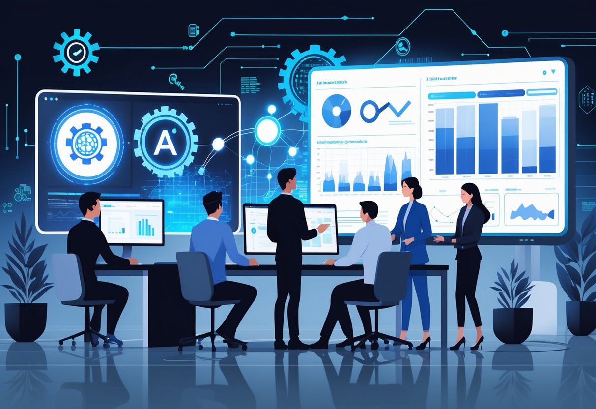 A group of professionals collaborating around a large digital screen showing data visualizations and AI-related icons in a modern workspace.
