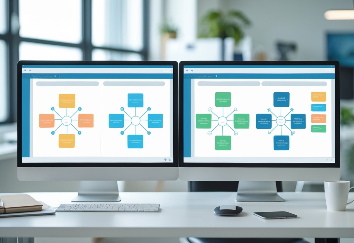 A computer monitor on a desk displaying two database diagrams side by side, one showing a star schema with a central table connected to surrounding tables, and the other showing a snowflake schema with a central table connected to multiple related tables in a branching structure.