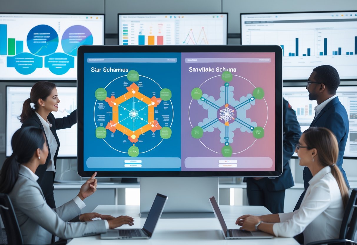 A group of professionals collaborating around a digital touchscreen table displaying colorful data models representing star and snowflake schemas in a modern office.