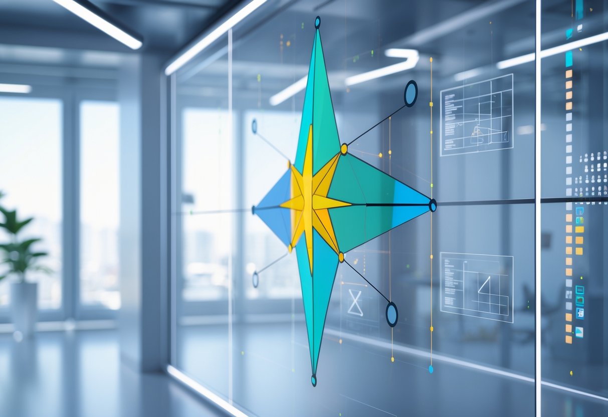 A workspace with a digital screen showing a star schema diagram featuring a central table connected to surrounding tables arranged like points of a star.