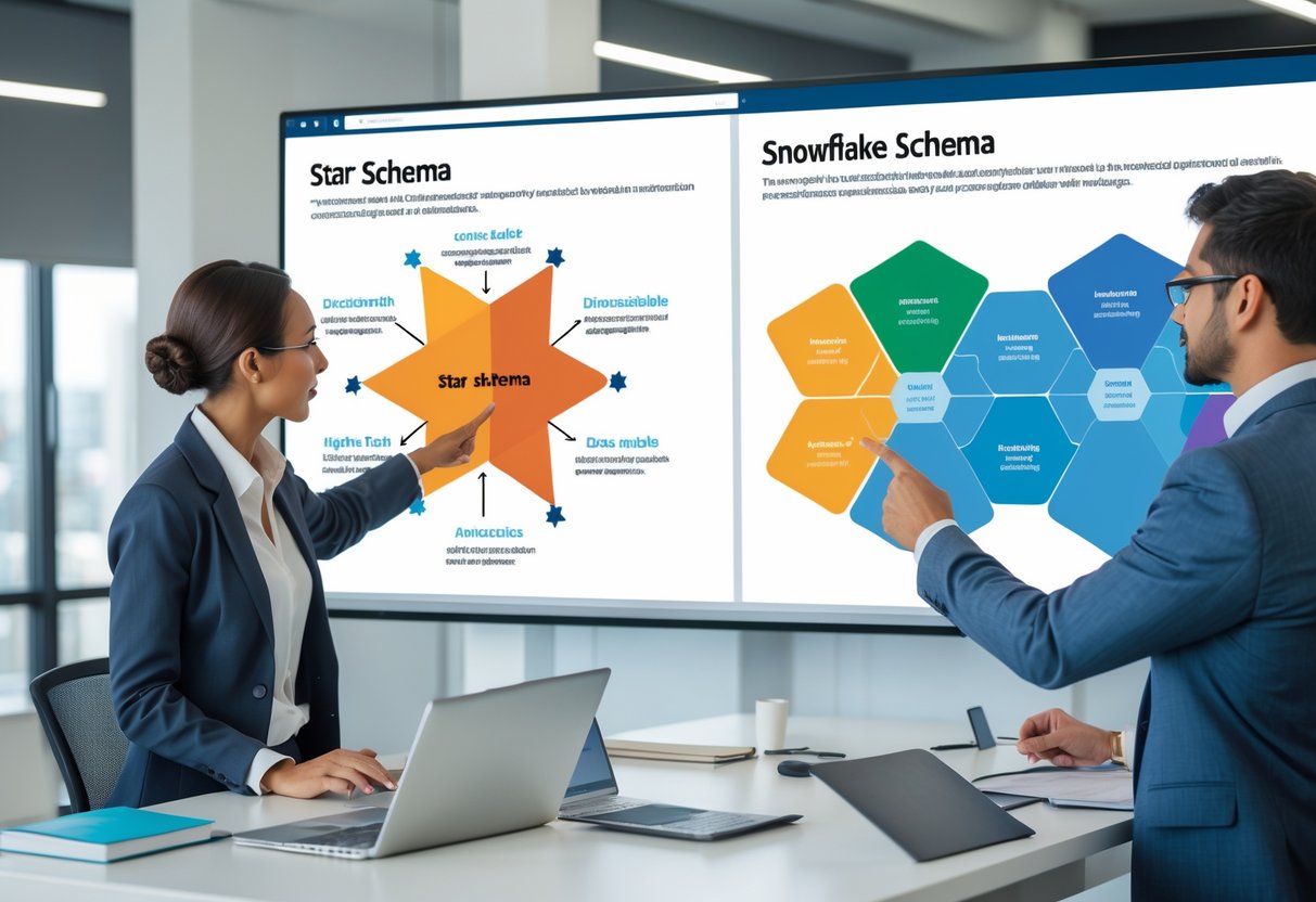 Two data analysts discussing diagrams of Star Schema and Snowflake Schema data models displayed on a screen in a modern office.
