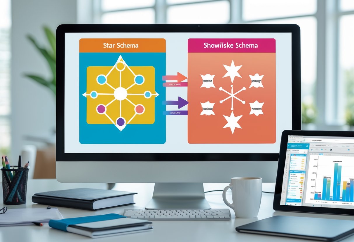 A workspace with a computer monitor showing two database schema diagrams side by side, one star-shaped and one snowflake-shaped, with office supplies nearby.