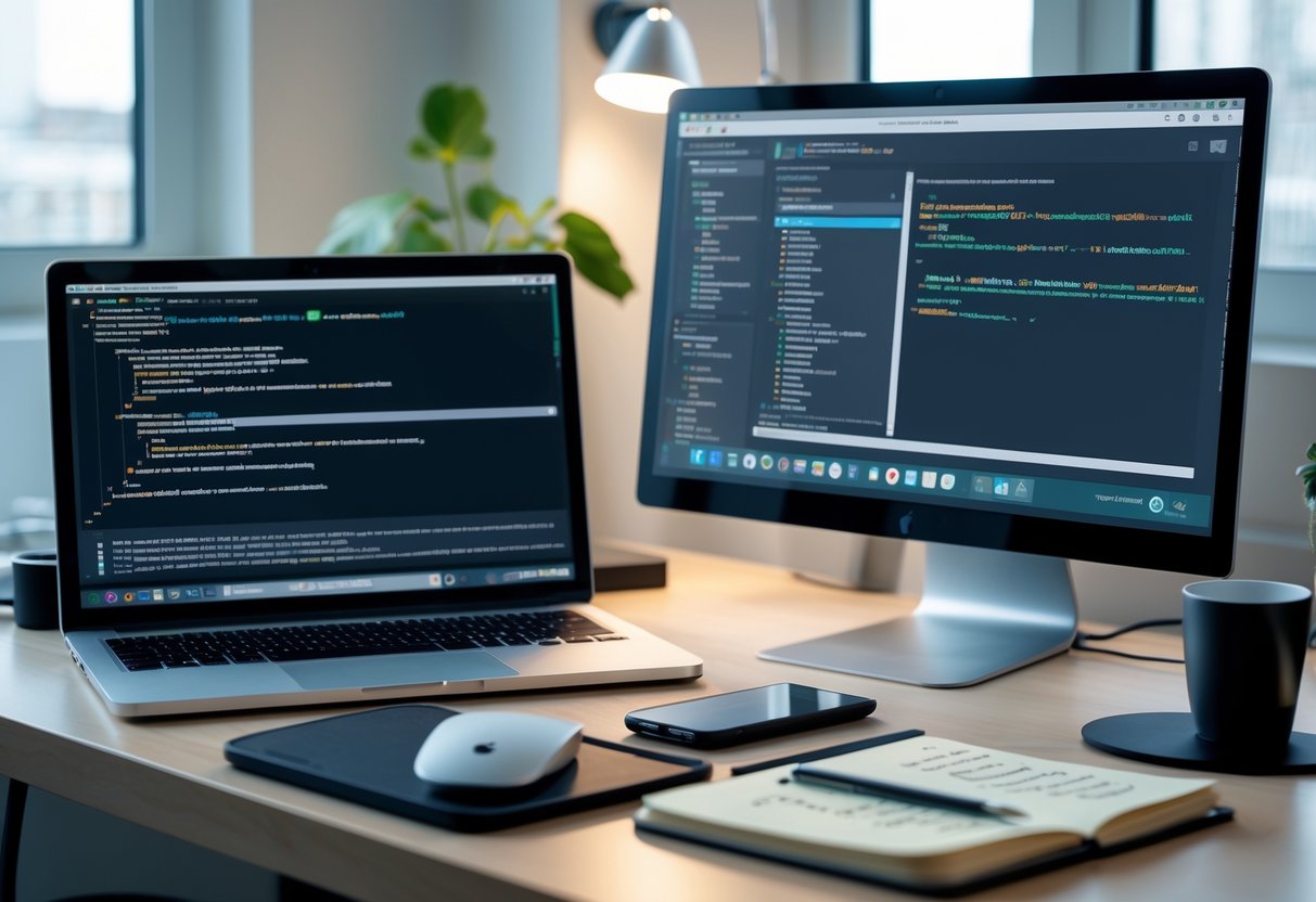 A modern workspace with a laptop showing Git commands and a monitor displaying a GitHub repository, surrounded by tech accessories on a desk.