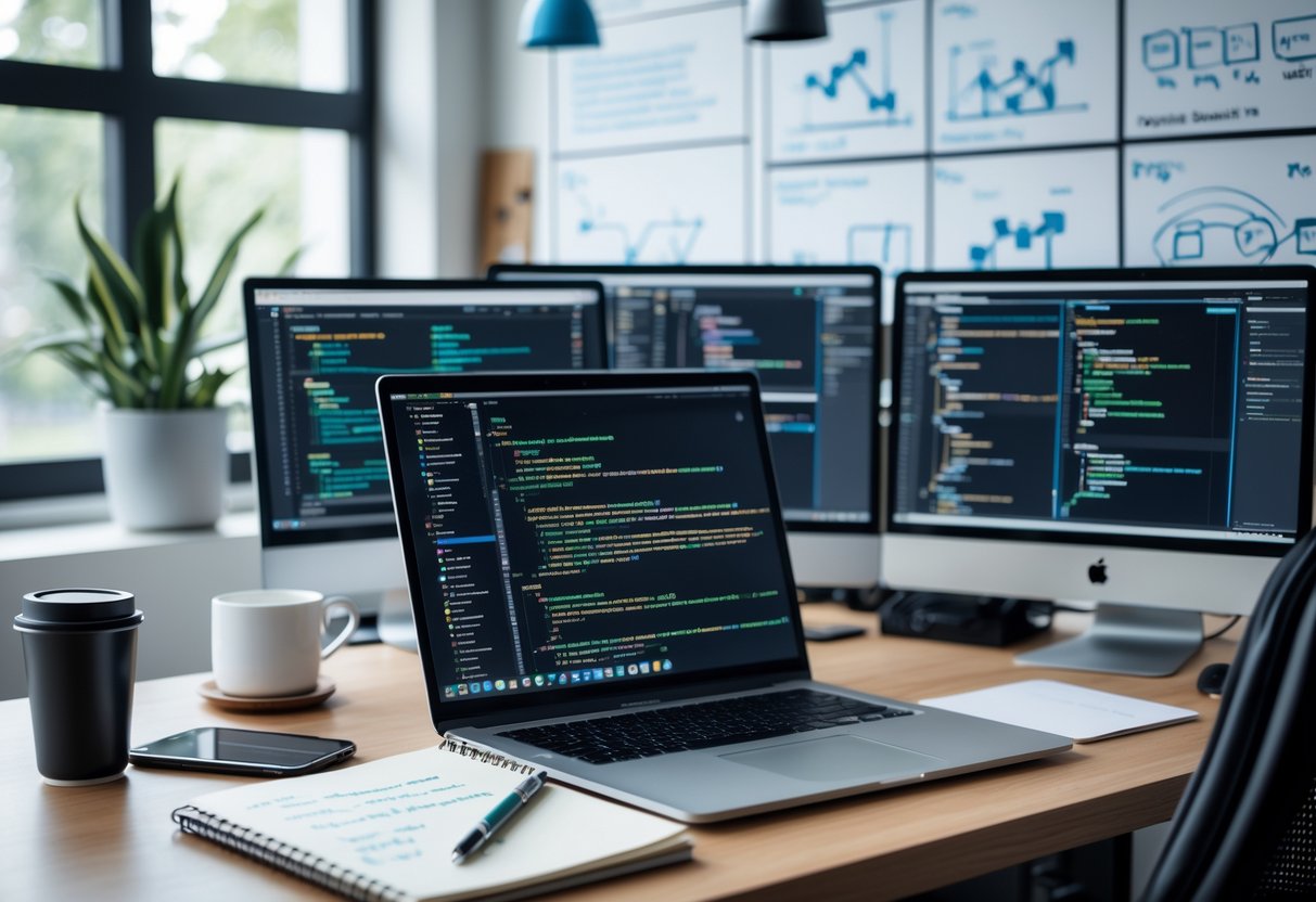 A modern workspace with a laptop showing code, multiple monitors displaying data and GitHub repositories, and a notebook, creating a productive environment for data professionals.