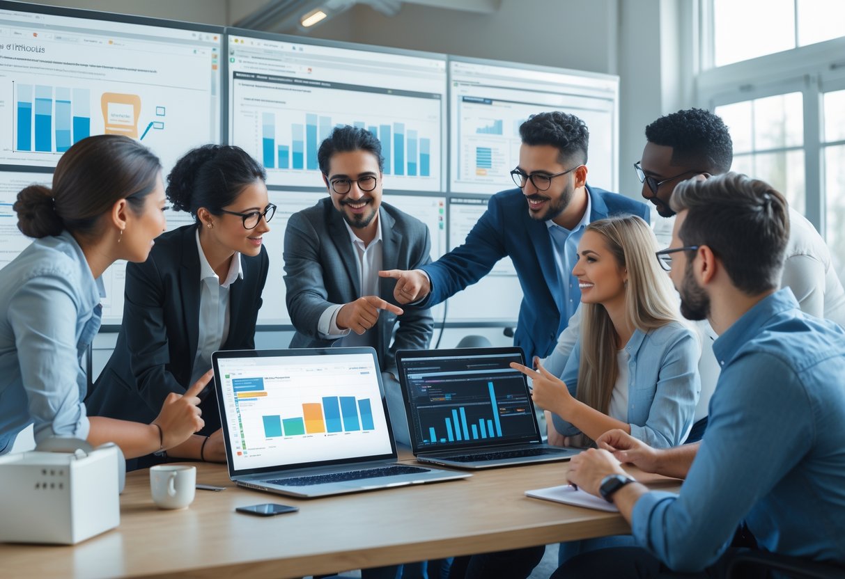 A group of data professionals collaborating around a laptop displaying code and data charts in a bright office.
