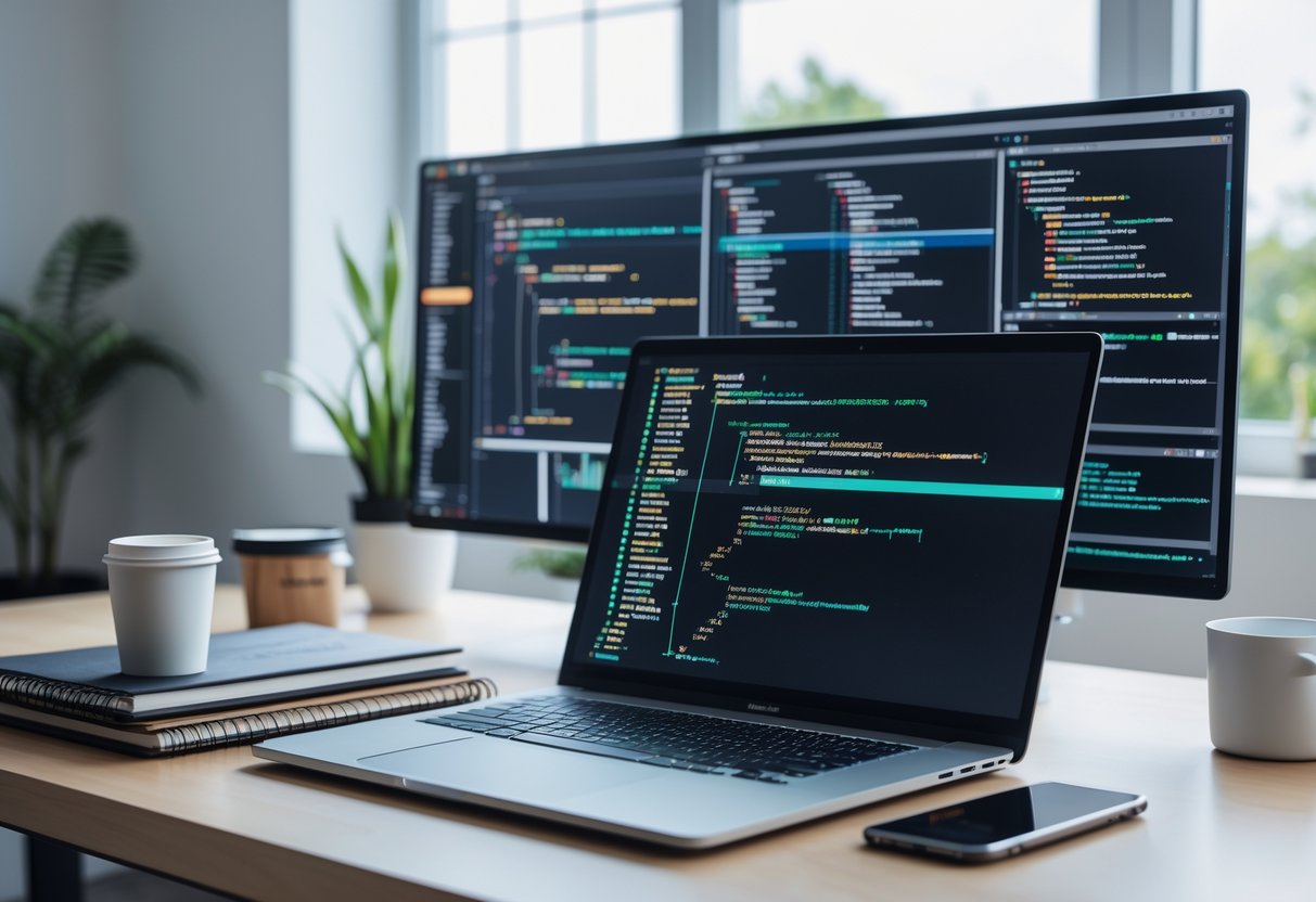 A modern workspace with a laptop showing SQL code, notebooks, coffee, and a monitor displaying data visualizations.