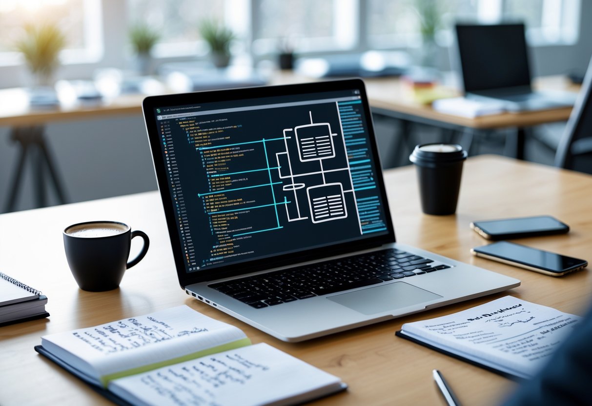 A workspace with a laptop showing SQL code, notebooks, a coffee cup, and a smartphone on a desk in a bright office.