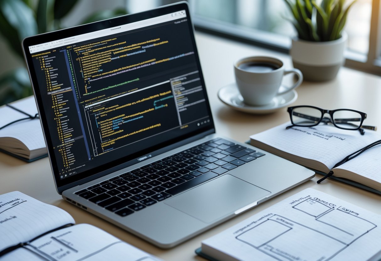 A workspace with a laptop showing SQL code, notebooks with notes, a coffee cup, and glasses on a desk.