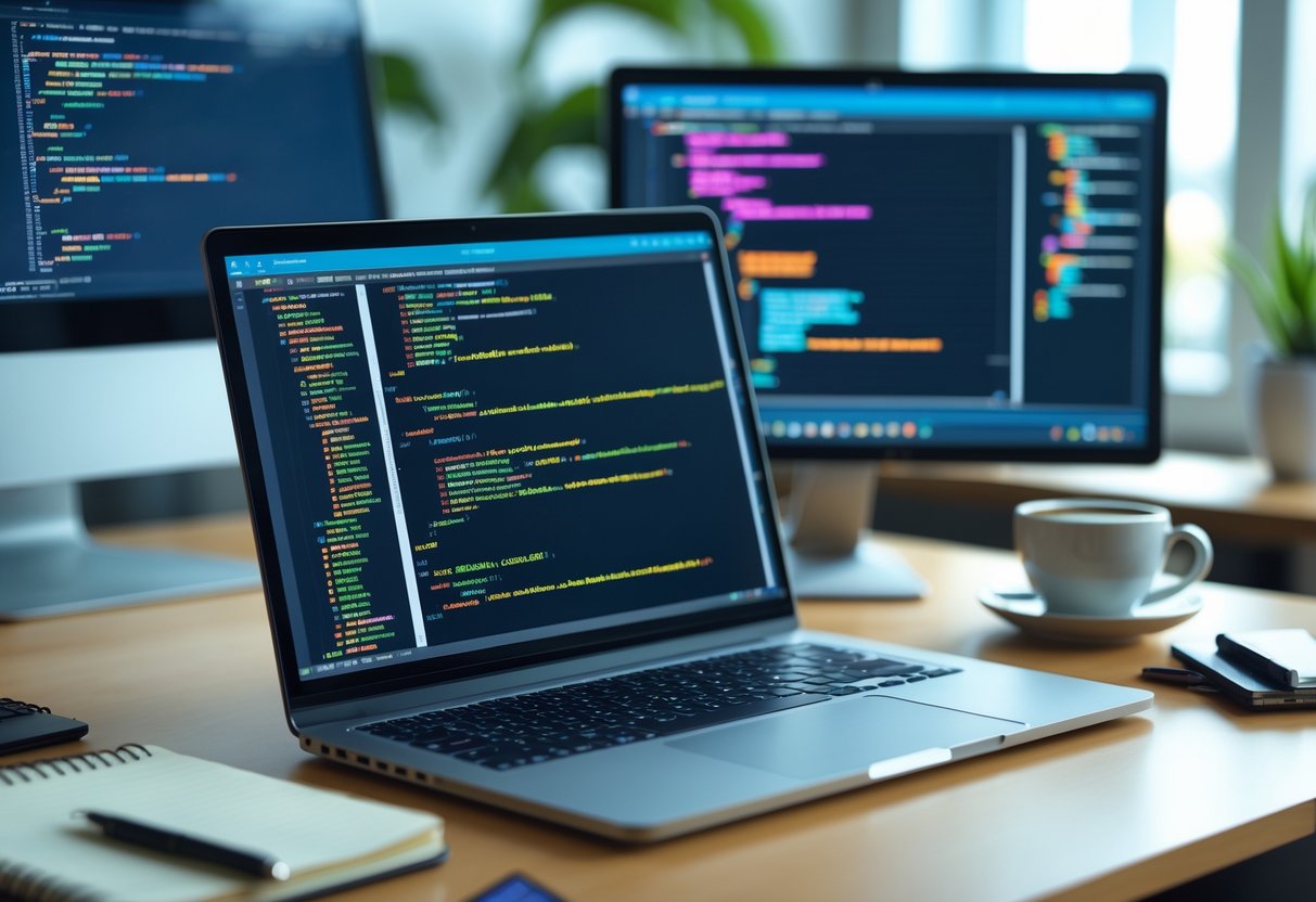 A modern workspace with a laptop showing SQL code, a notebook, a pen, and a cup of coffee on a wooden desk, with a monitor displaying database diagrams in the background.