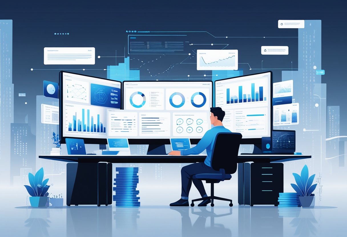 An engineer working at a desk with multiple monitors showing data charts and code, surrounded by digital data visualizations and futuristic elements.