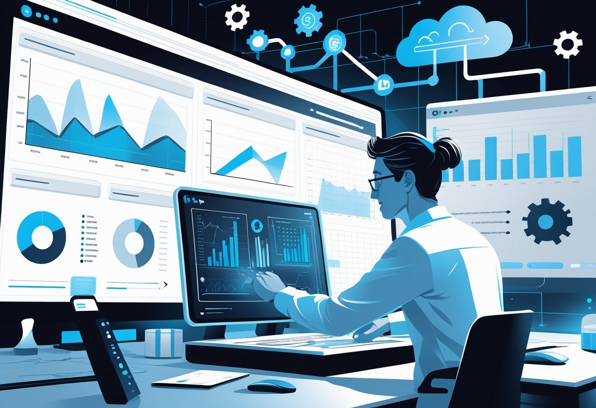 An analytics engineer working with digital data visualizations and interfaces in a modern workspace surrounded by symbols of data processing and cloud computing.