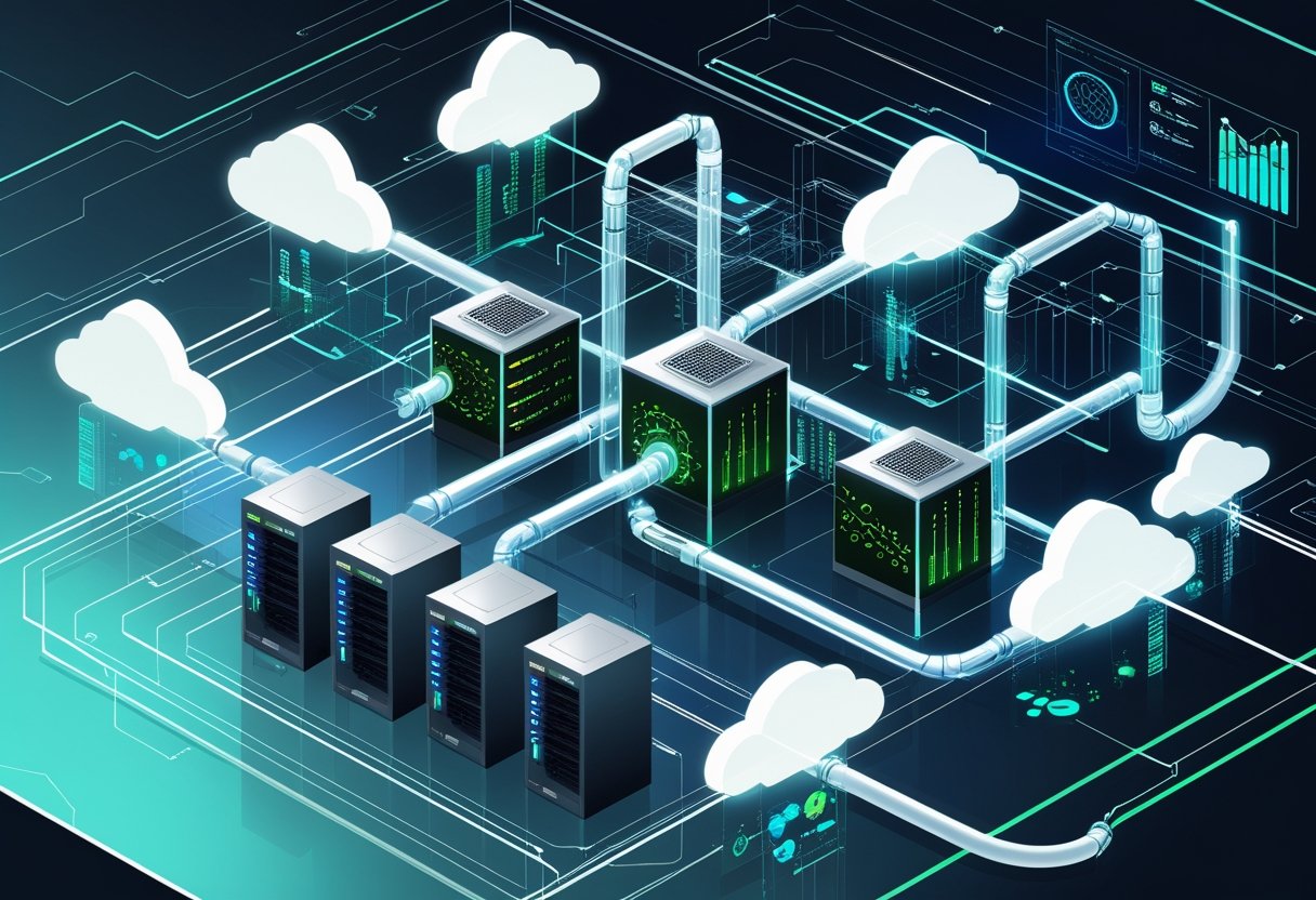 A futuristic data center with interconnected servers and glowing data streams flowing through transparent pipelines, surrounded by digital charts and gears representing data processing.