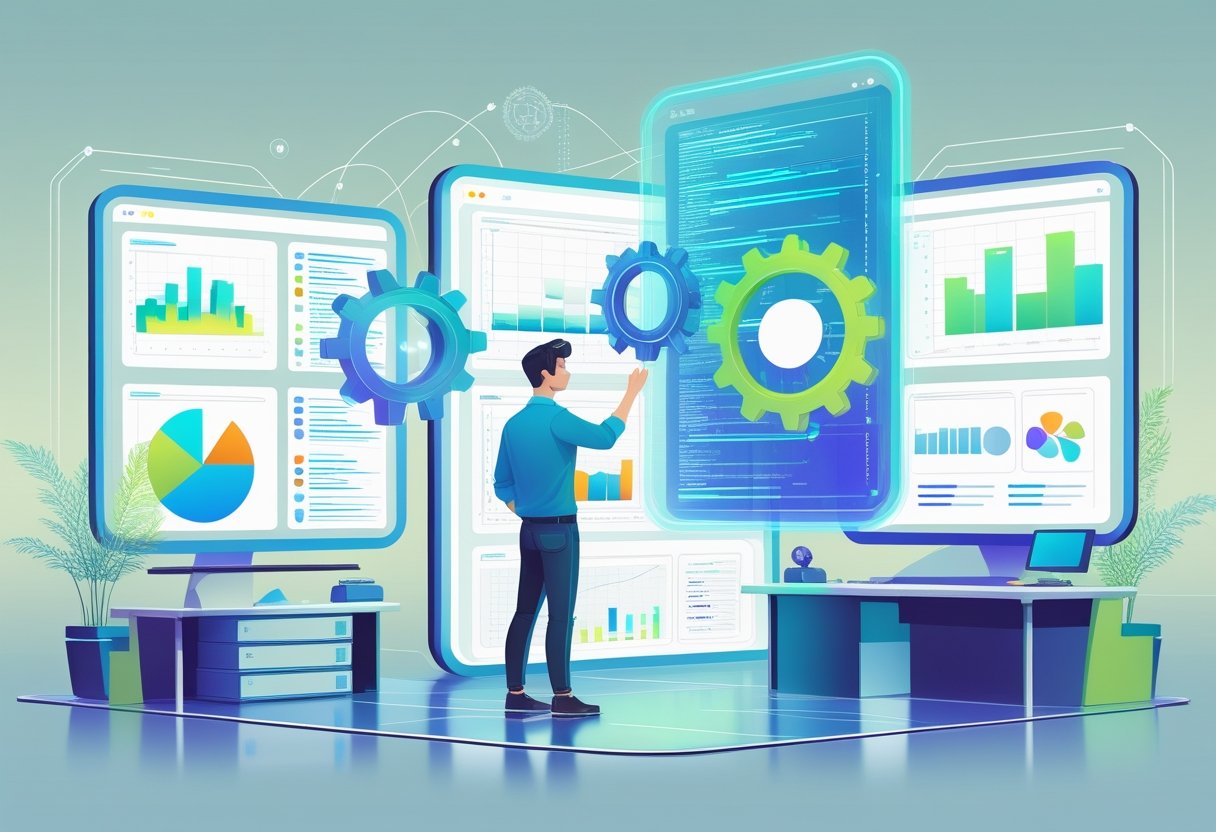 An engineer working with holographic data flows and digital screens showing charts and graphs in a futuristic workspace.