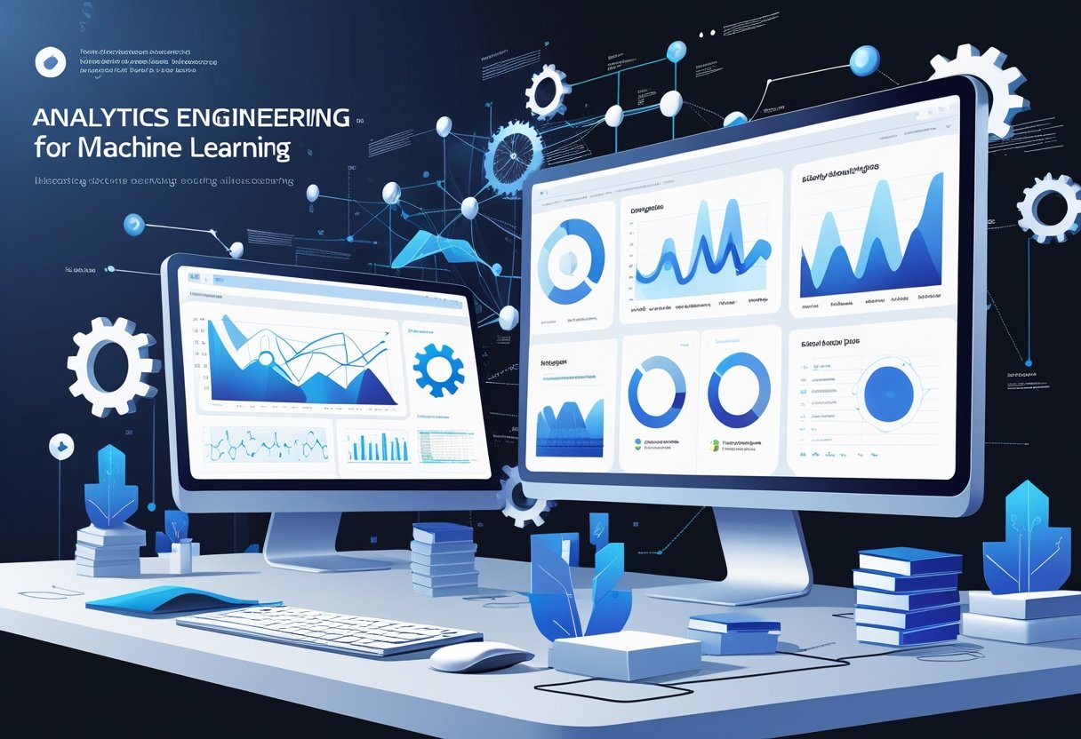 A workspace showing a computer with data charts and interconnected nodes representing machine learning and analytics engineering.