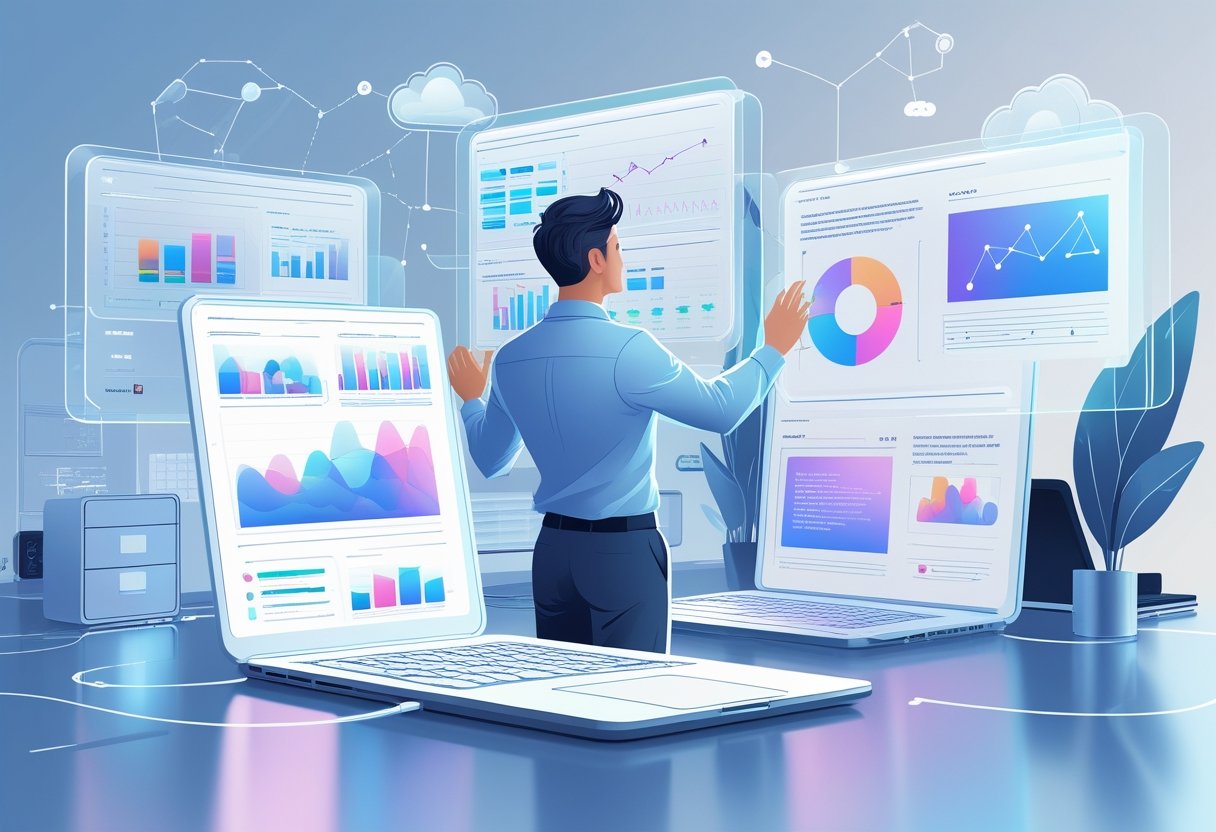 A professional working with multiple digital screens showing data charts and graphs in a modern workspace.