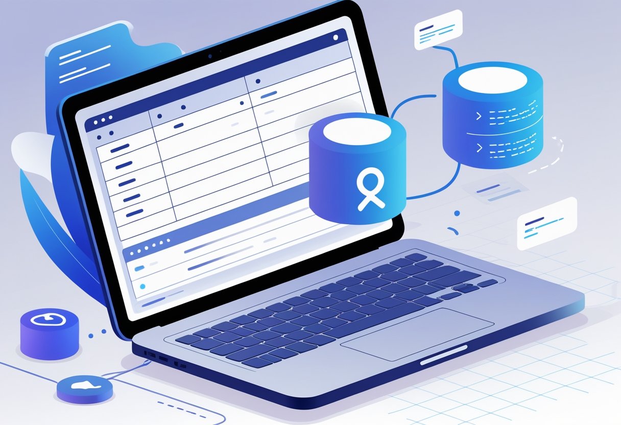 A laptop showing a database table with a floating JSON icon nearby, connected by arrows representing data flow.